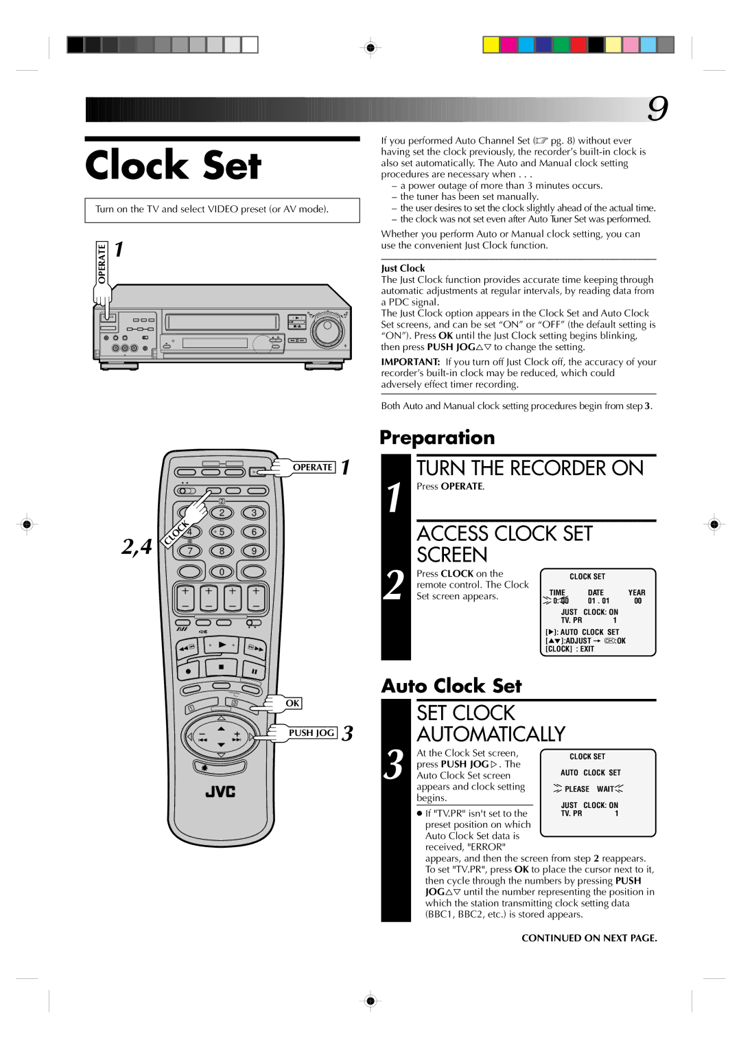 JVC HR-J935EK specifications Turn the Recorder on, SET Clock Automatically, Preparation, Auto Clock Set 