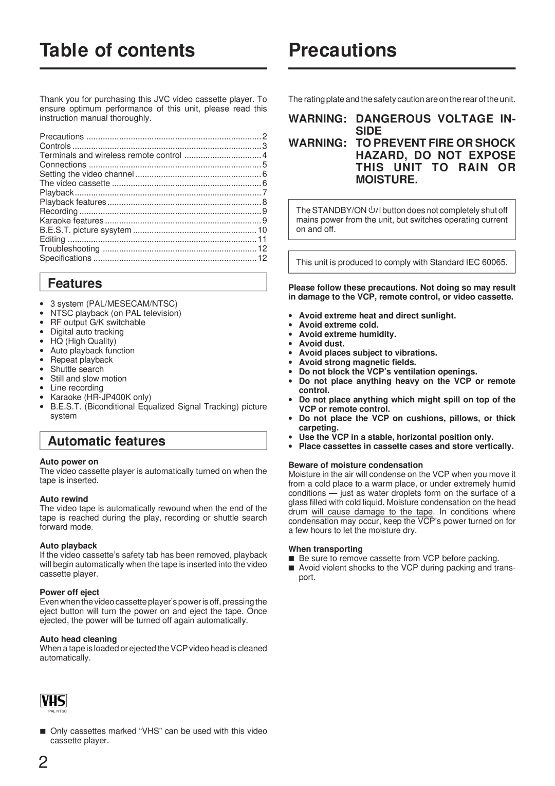 JVC LPT0416-001A, HR-JP200A, HR-JP400K instruction manual Table of contents Precautions 