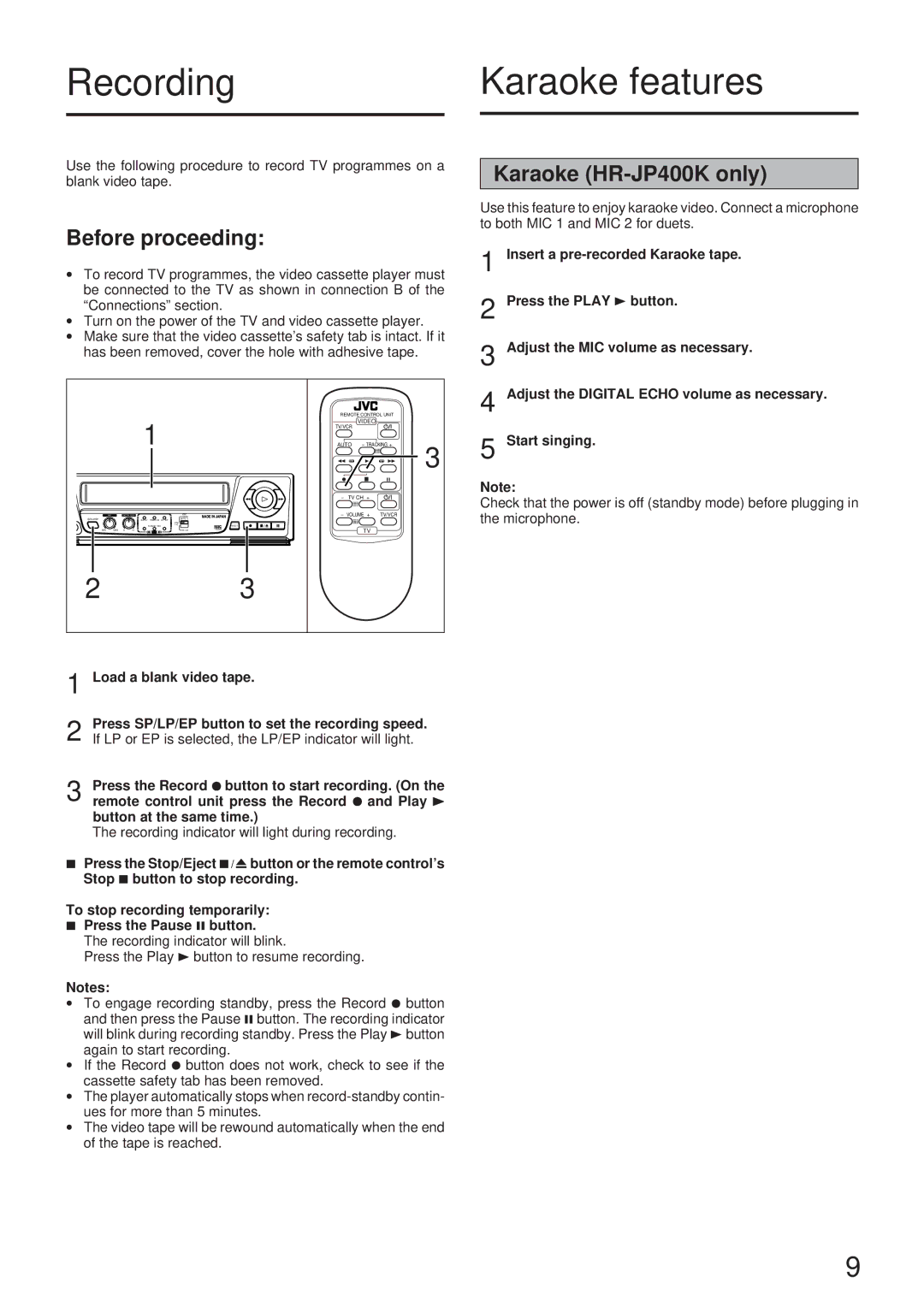 JVC HR-JP200A, LPT0416-001A instruction manual Recording Karaoke features, Karaoke HR-JP400K only 