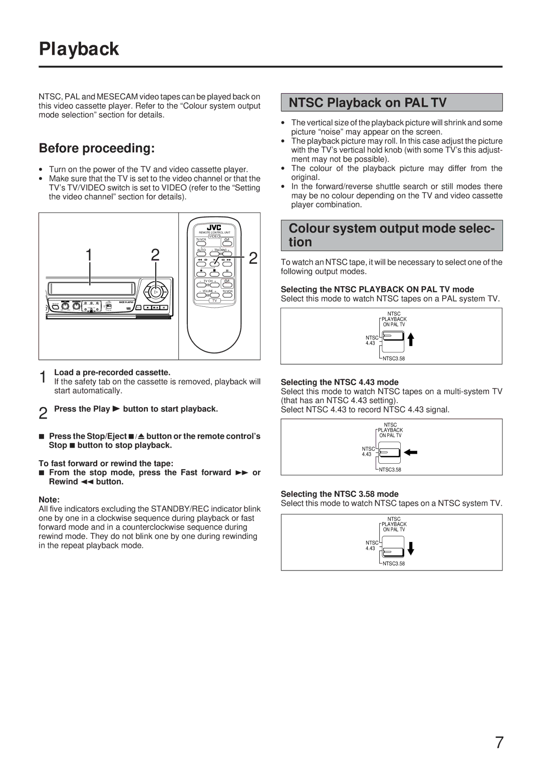 JVC HR-JP34K instruction manual Before proceeding, Ntsc Playback on PAL TV, Colour system output mode selec- tion 