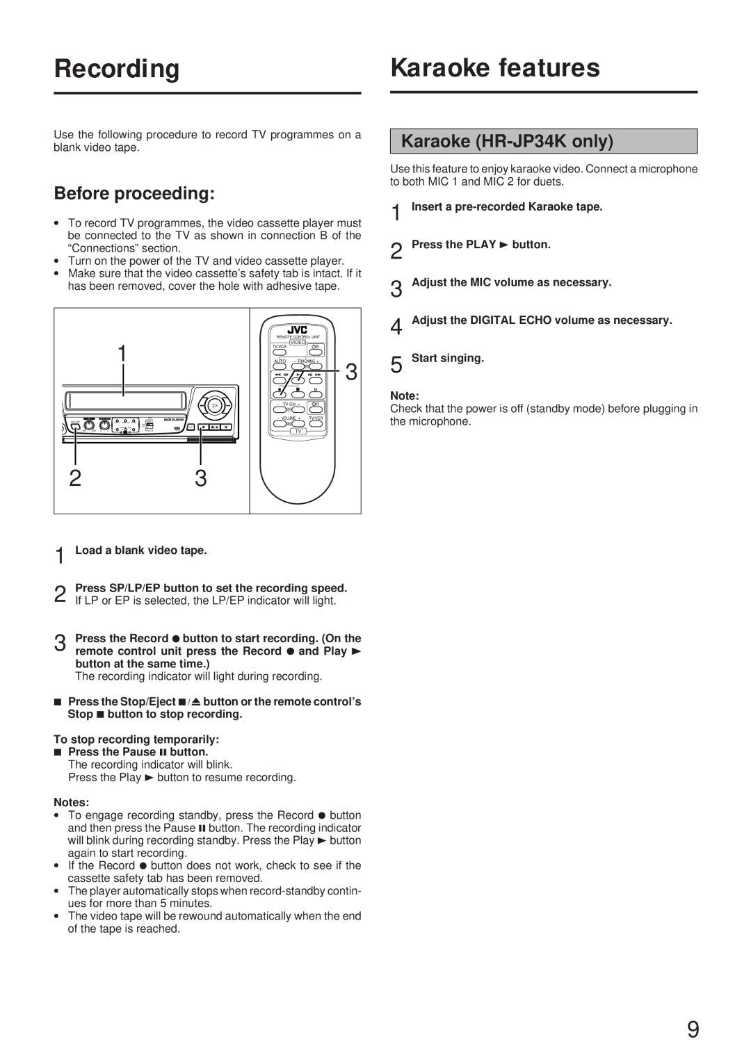 JVC instruction manual Recording Karaoke features, Karaoke HR-JP34K only 