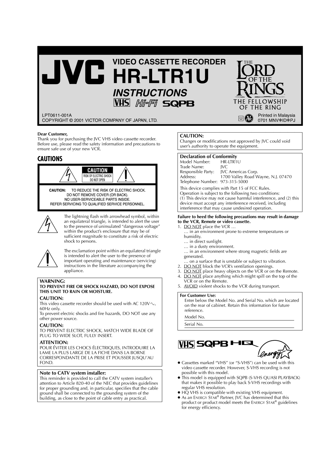 JVC HR-LTR1U manual Dear Customer, For Customer Use 