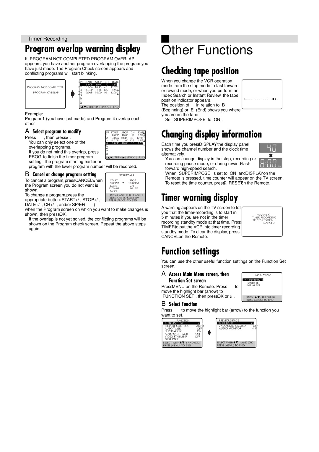 JVC HR-LTR1U manual Other Functions, Checking tape position, Function settings 