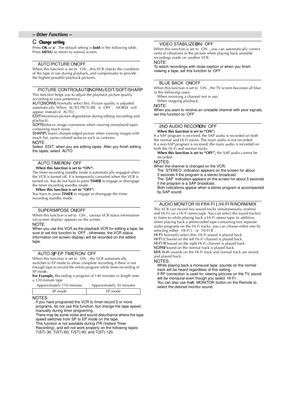 JVC HR-LTR1U manual Change setting, When this function is set to on, When this function is set to OFF, EP mode 