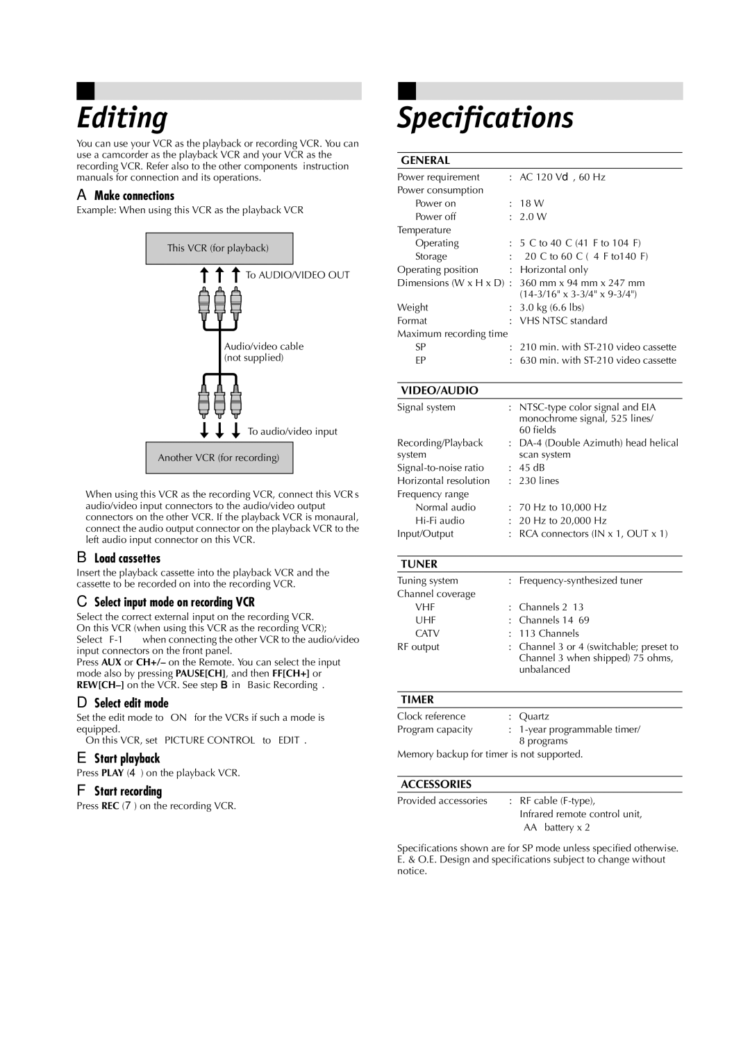 JVC HR-LTR1U manual Editing, Make connections, Load cassettes, Select input mode on recording VCR, Select edit mode 