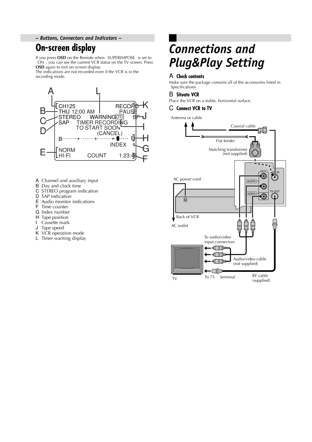 JVC HR-LTR1U manual On-screen display, Check contents, Situate VCR, Connect VCR to TV 