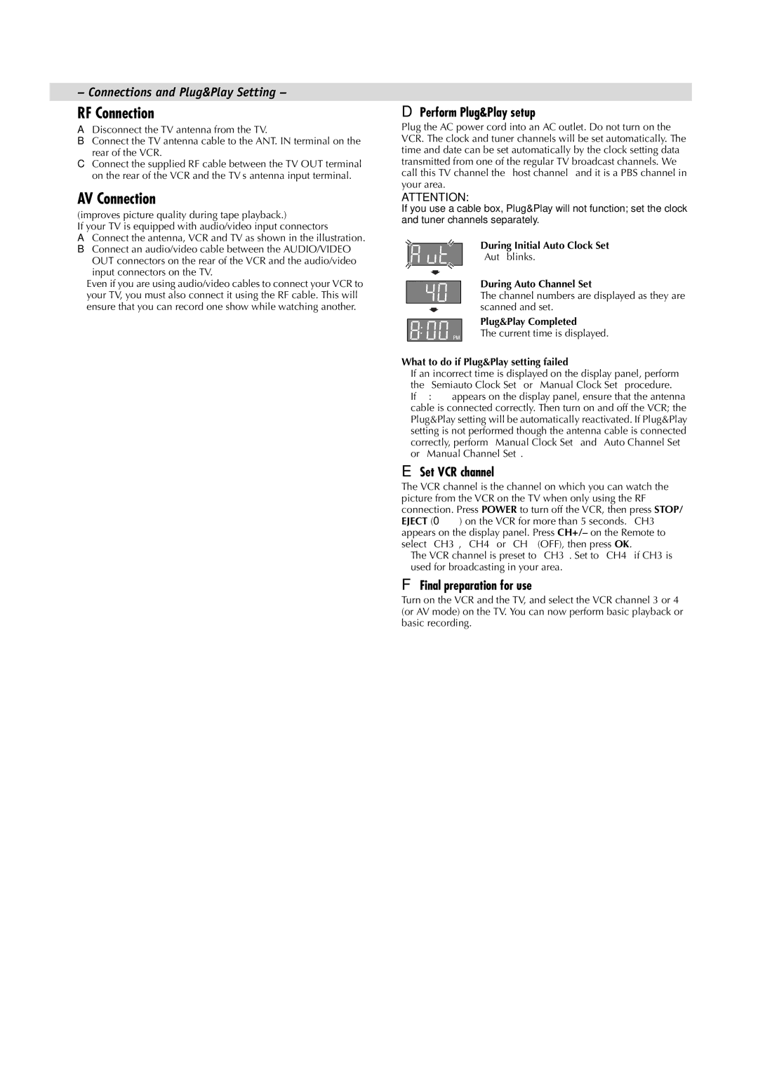 JVC HR-LTR1U manual RF Connection, AV Connection, Perform Plug&Play setup, Set VCR channel, Final preparation for use 