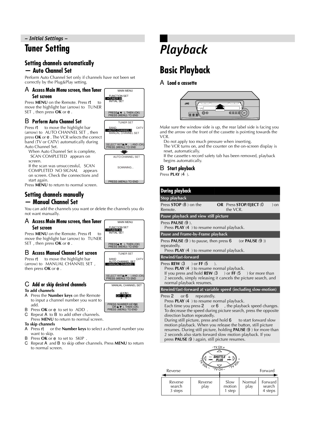 JVC HR-LTR1U manual Tuner Setting, Basic Playback, Setting channels automatically Auto Channel Set 