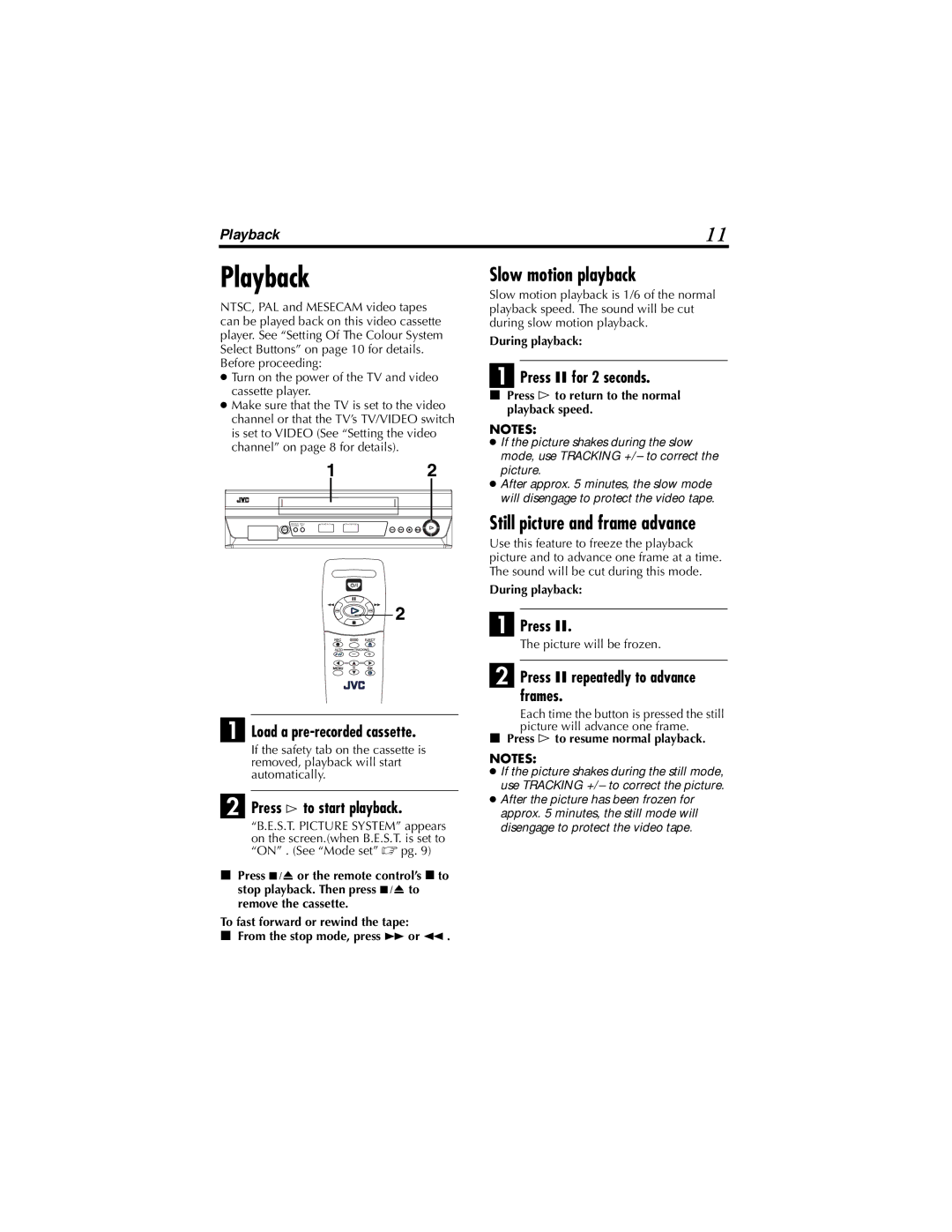 JVC HR-P110AS, HR-P110AG, HR-P111AG instruction manual Playback, Slow motion playback 