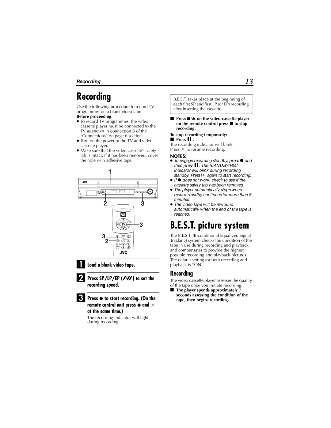 JVC HR-P111AG, HR-P110AG, HR-P110AS instruction manual Recording indicator will blink. Press $ to resume recording 