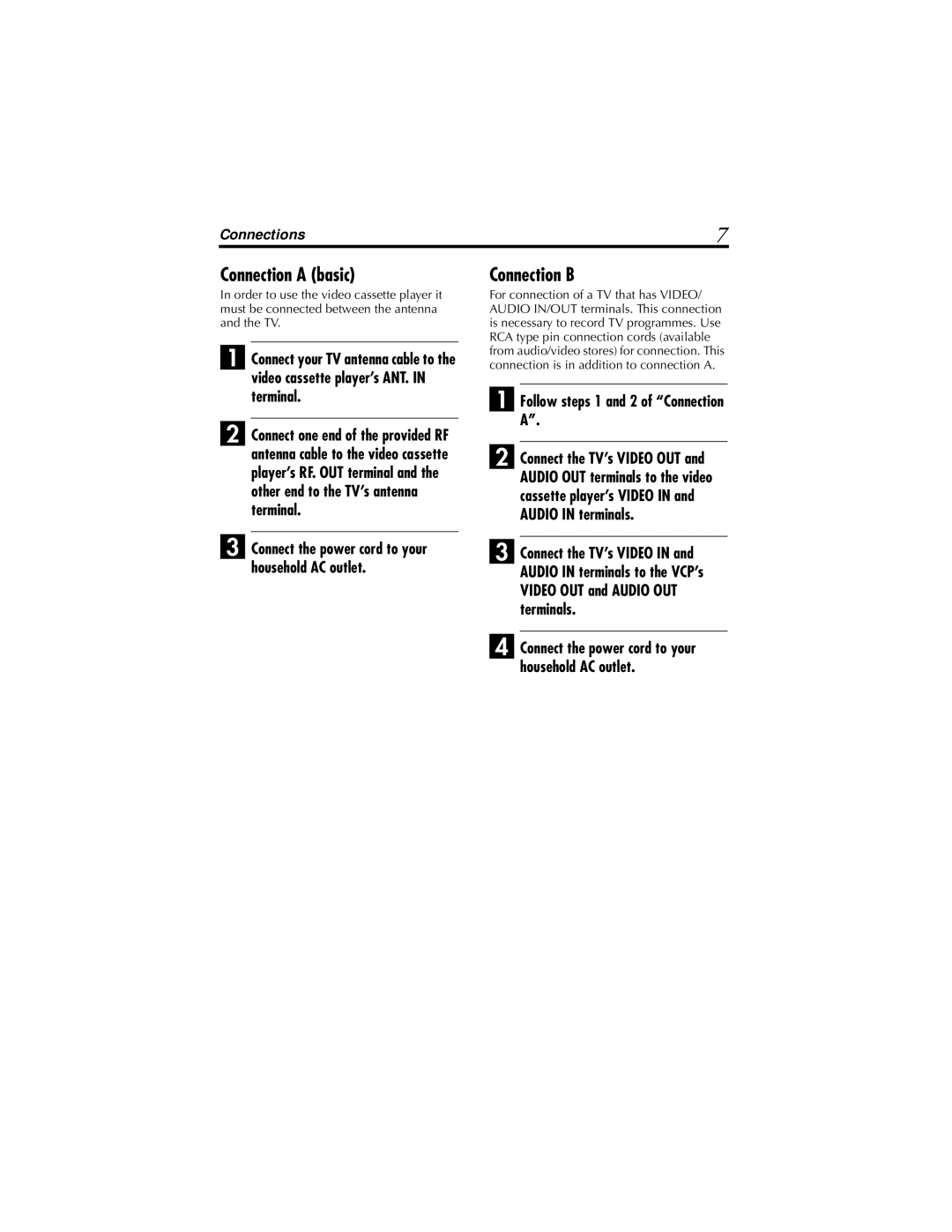 JVC HR-P111AG, HR-P110AG, HR-P110AS Connection a basic, Connection B, Video cassette player’s ANT. in terminal 