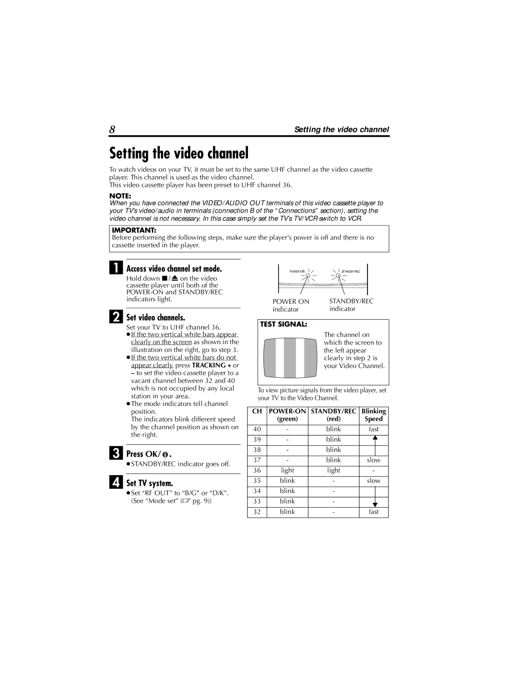 JVC HR-P110AS, HR-P110AG, HR-P111AG Setting the video channel, BSet video channels, CPress OK, DSet TV system 