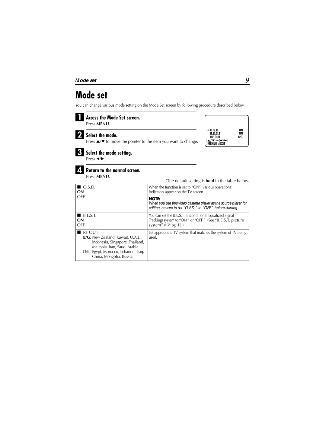 JVC HR-P110AG, HR-P111AG Mode set, Access the Mode Set screen, Select the mode setting, Return to the normal screen 