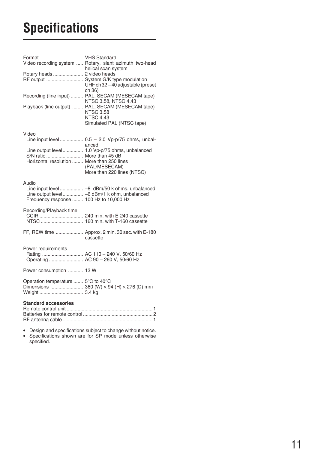 JVC HR-P111EE manual Specifications, Standard accessories 