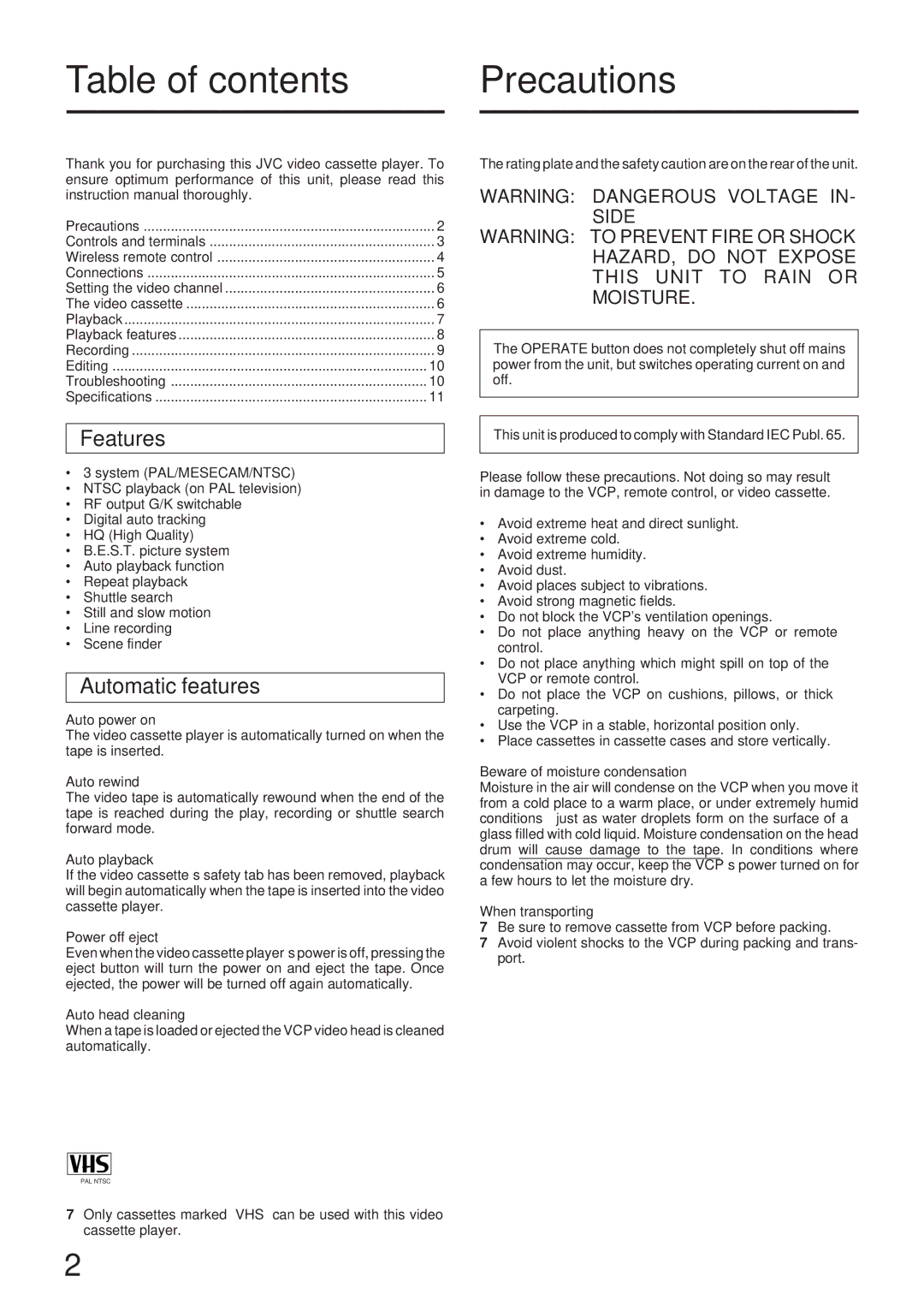 JVC HR-P111EE manual Table of contents Precautions 