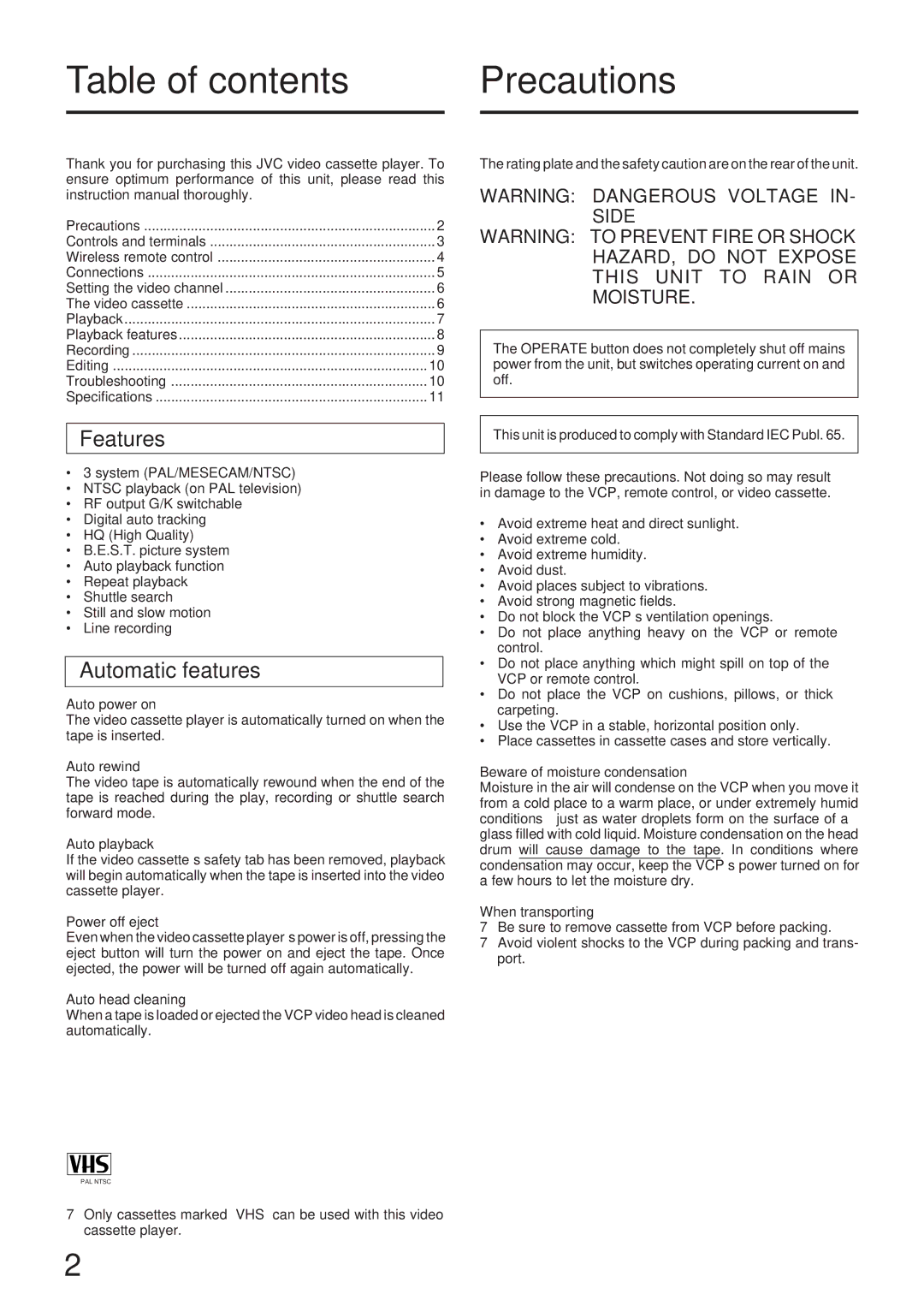 JVC HR-P128EE, HR-P125EE manual Table of contents Precautions 