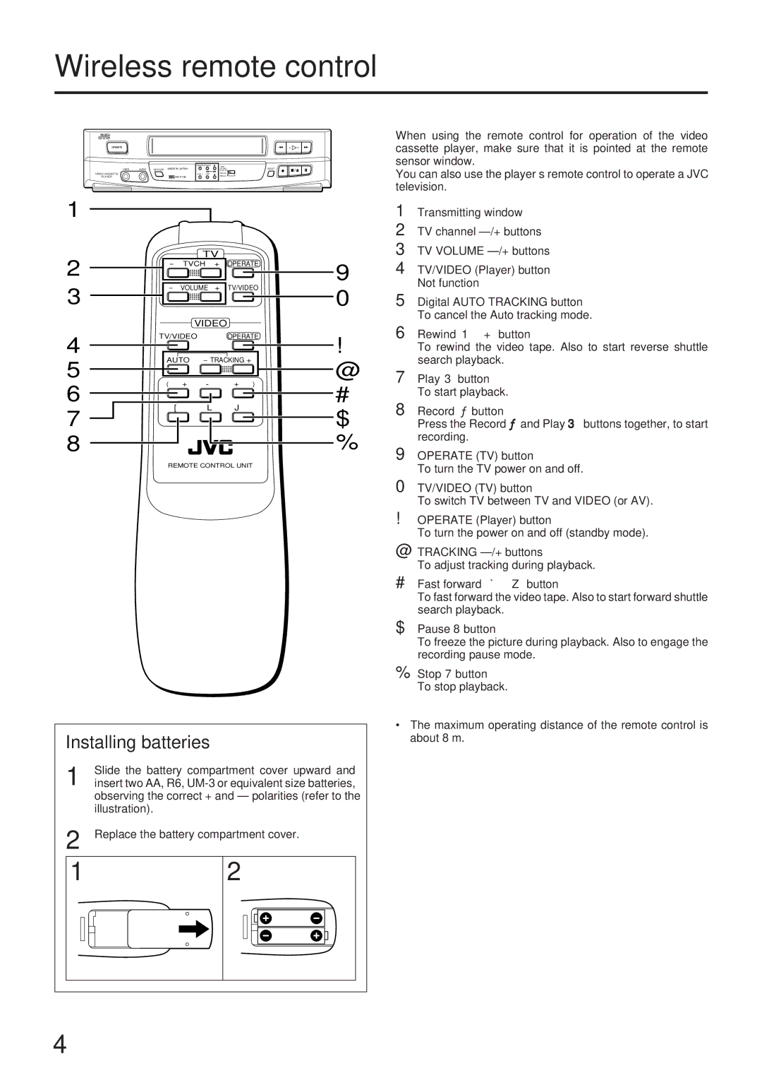 JVC HR-P128EE, HR-P125EE manual Wireless remote control, Installing batteries 