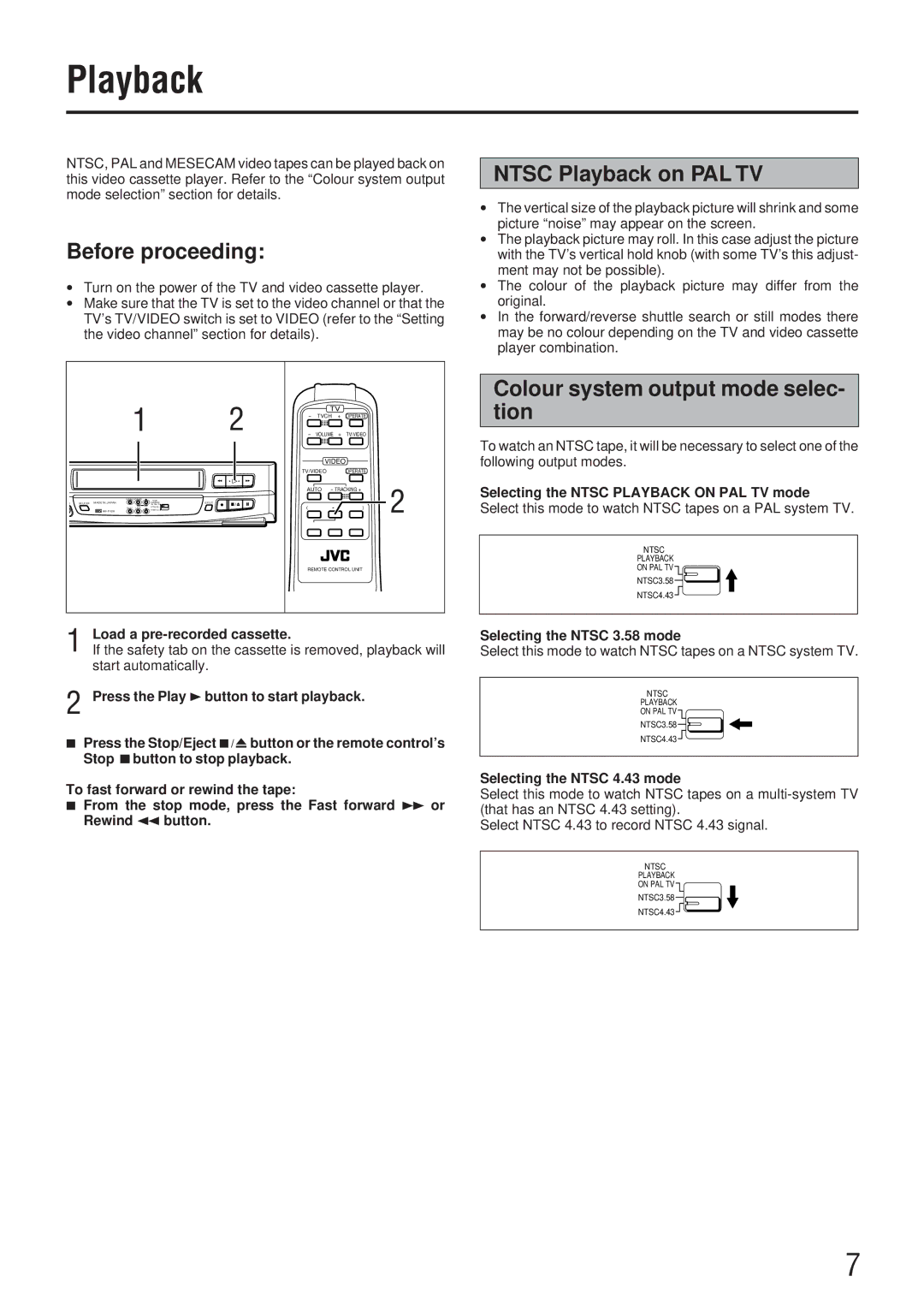 JVC HR-P125EE, HR-P128EE manual Before proceeding, Ntsc Playback on PAL TV, Colour system output mode selec- tion 