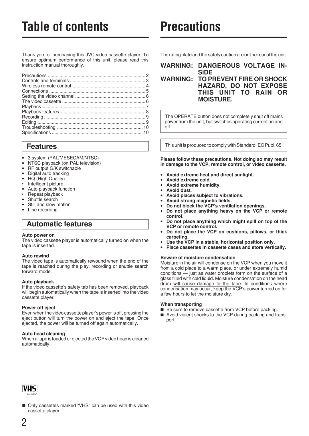 JVC HR-P41A manual Table of contents Precautions 