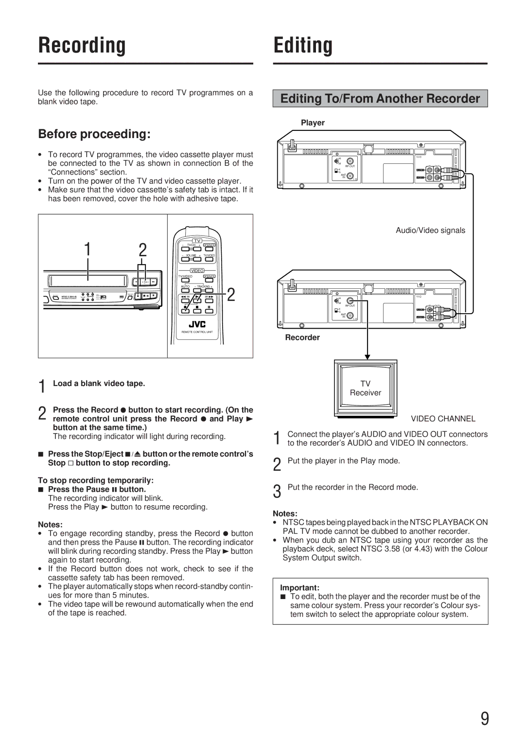 JVC HR-P41A manual Recording, Editing To/From Another Recorder, Player 