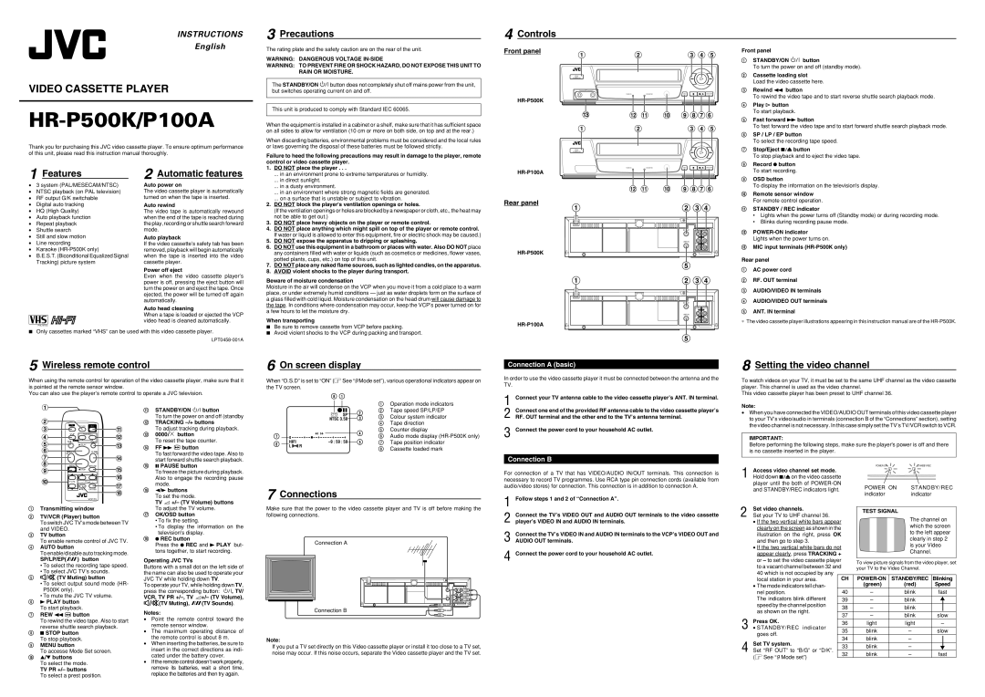 JVC HR-P500K/100A instruction manual Precautions Controls, Features, Automatic features, Wireless remote control 