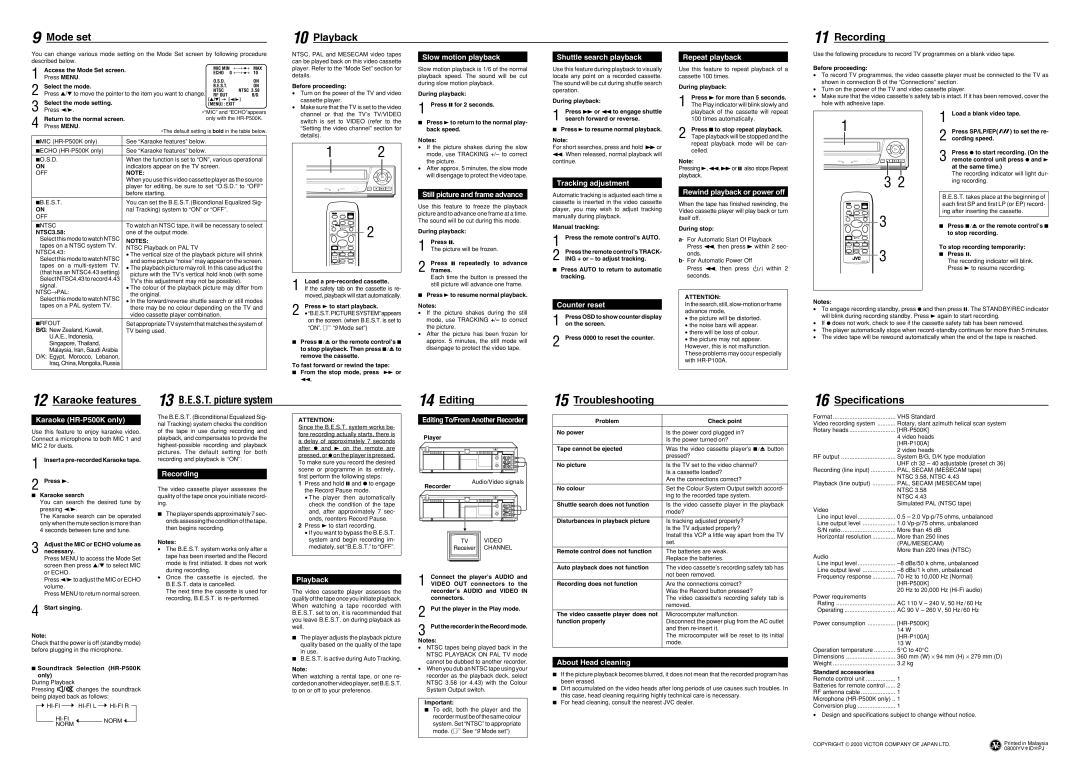 JVC HR-P500K/100A instruction manual Mode set Playback Recording 