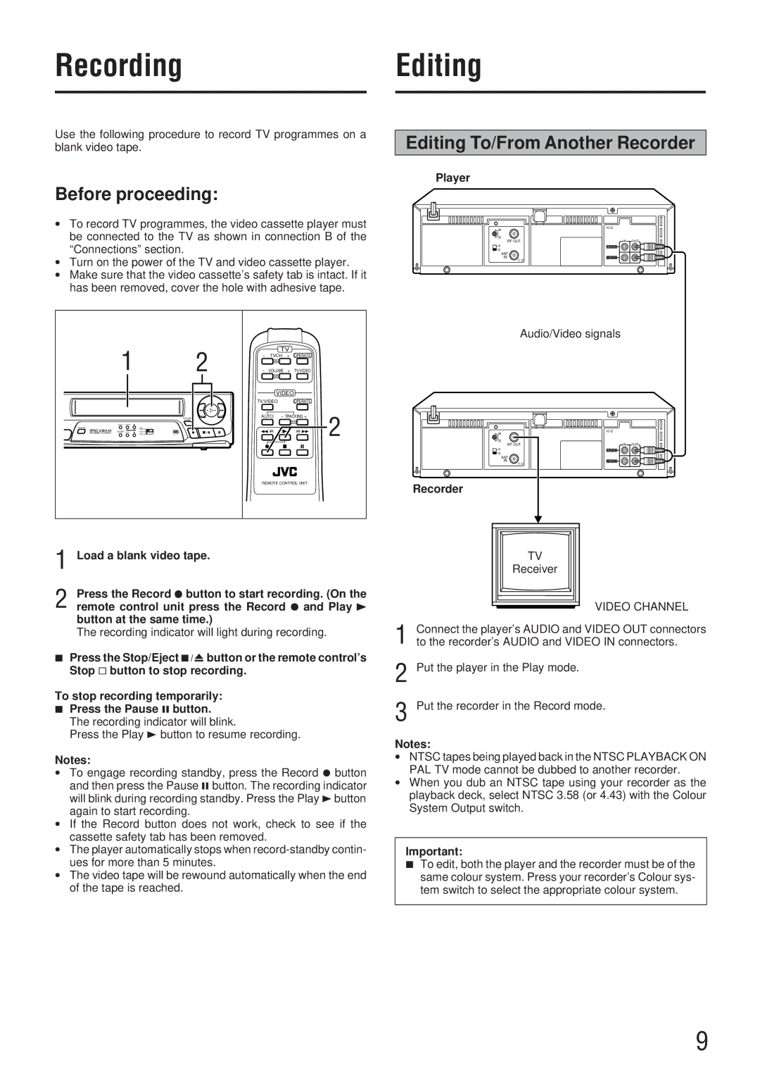 JVC HR-P51A manual Recording, Editing To/From Another Recorder, Player 