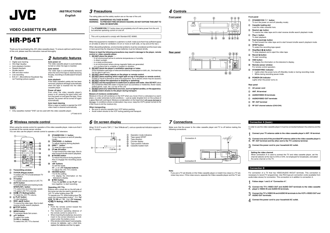 JVC HR-P54T instruction manual Precautions Controls, Features, Automatic features, Wireless remote control, Connections 