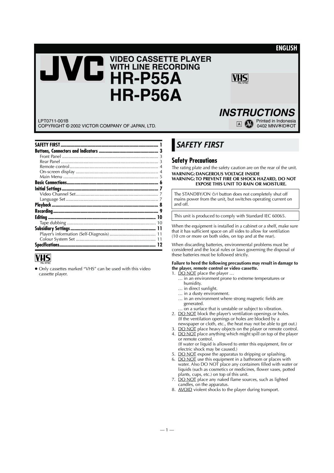 JVC LPT0711-001B specifications HR-P55A HR-P56A, Safety Precautions 