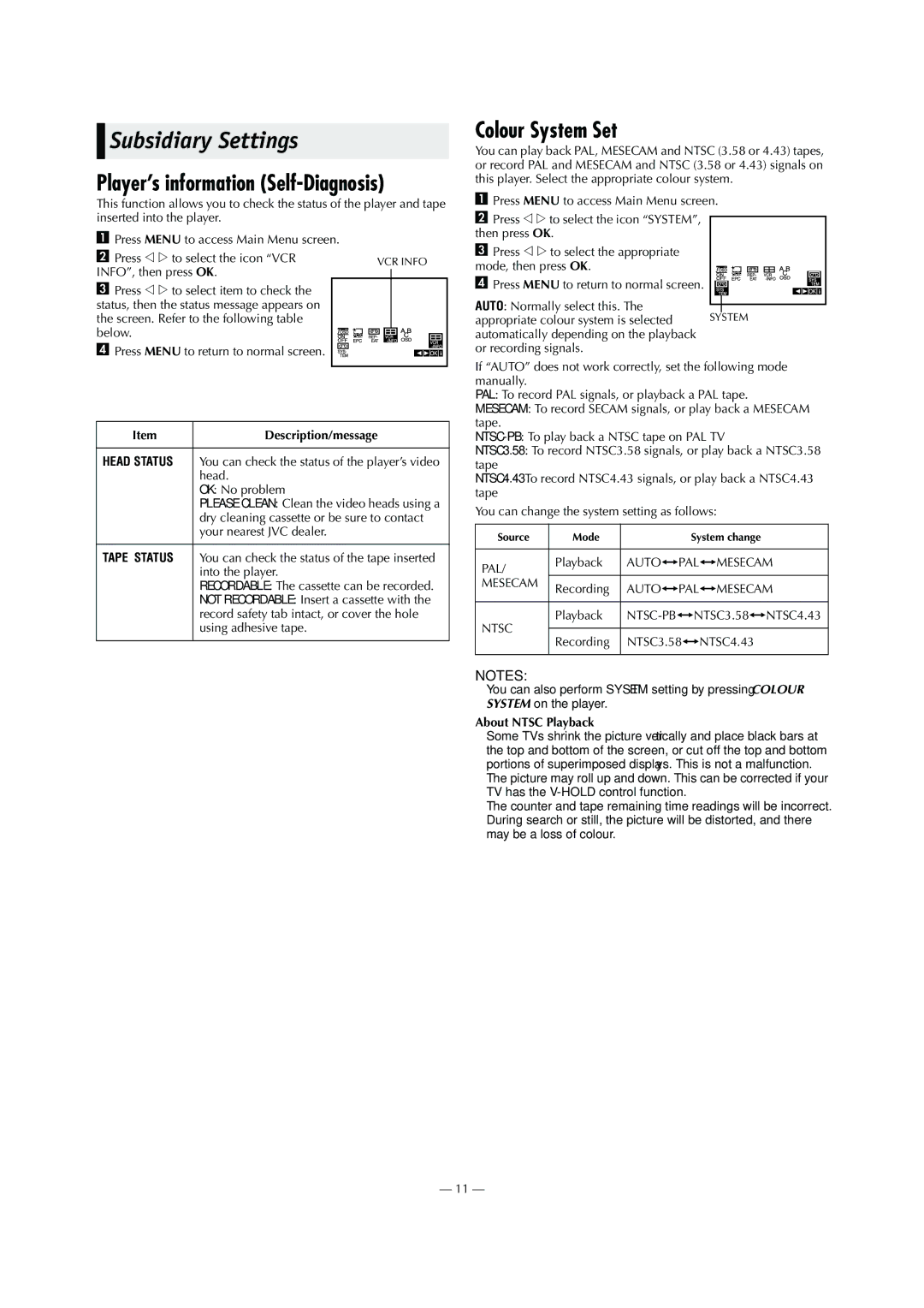 JVC LPT0711-001B, HR-P55A, HR-P56A Subsidiary Settings, Colour System Set, Description/message, About Ntsc Playback 