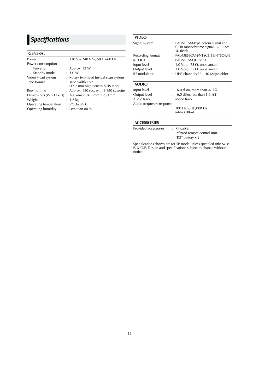 JVC HR-P55A, HR-P56A, LPT0711-001B specifications Specifications, General 