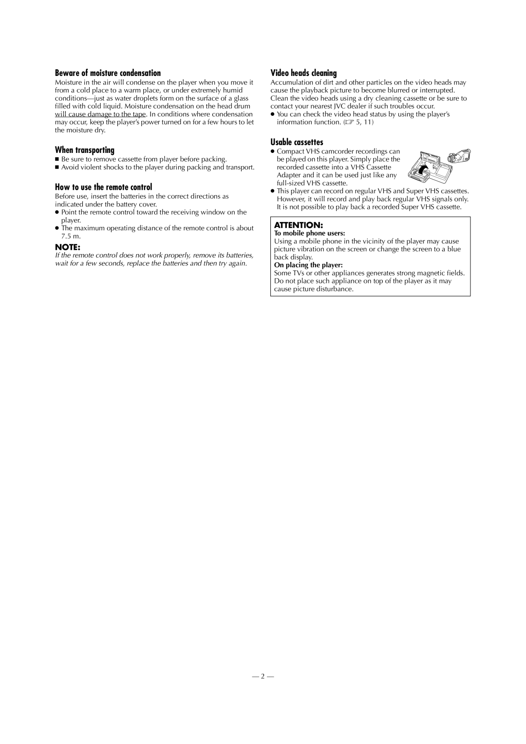 JVC LPT0711-001B Beware of moisture condensation, When transporting, How to use the remote control, Video heads cleaning 