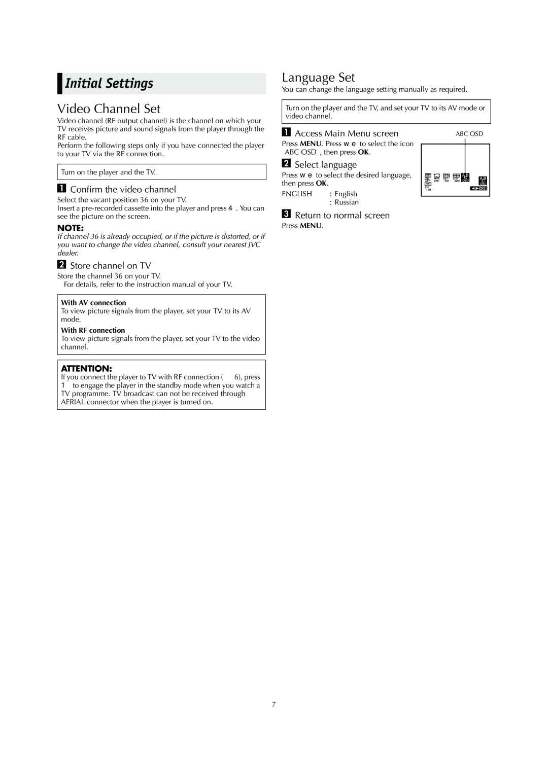 JVC HR-P56A, HR-P55A, LPT0711-001B specifications Initial Settings, Video Channel Set, Language Set 