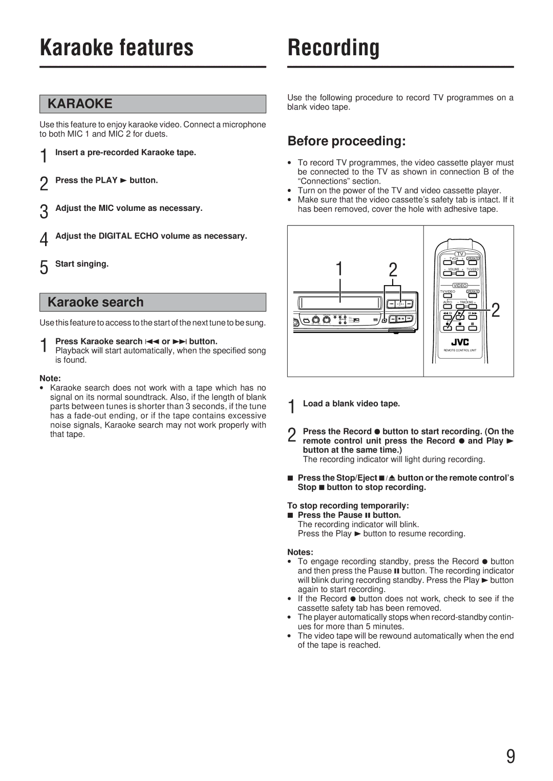 JVC HR-P61K manual Karaoke features Recording, Press Karaoke search 4 or ¢ button 