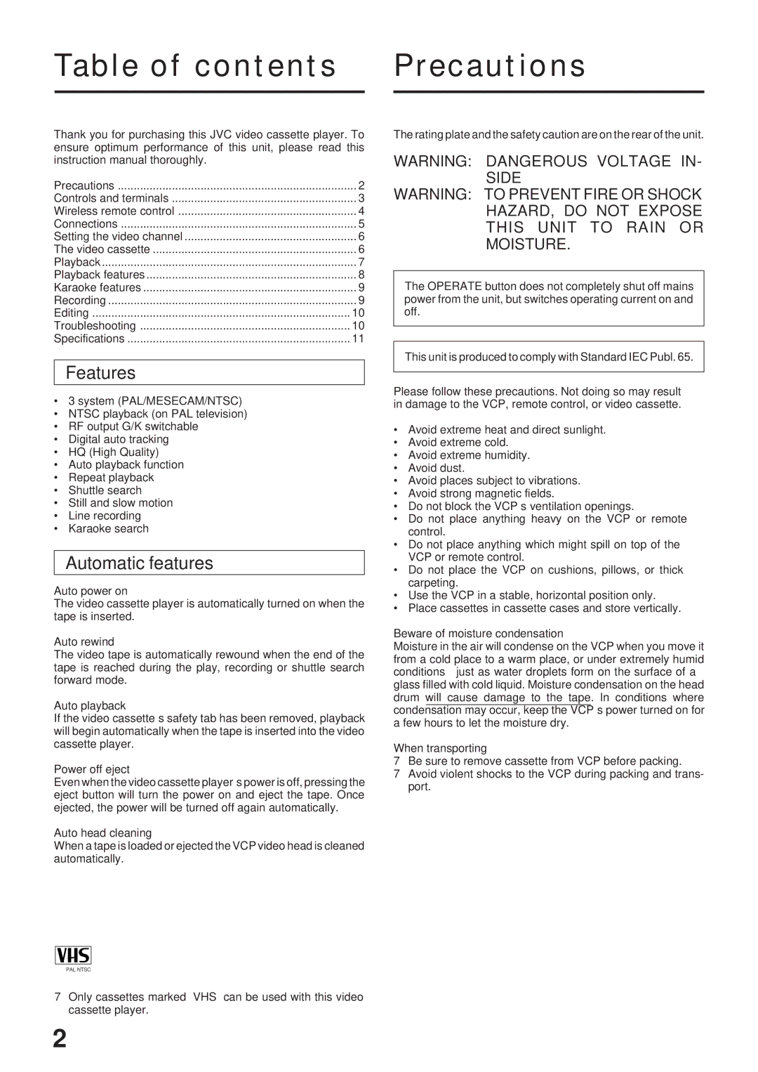 JVC HR-P71K manual Table of contents Precautions 