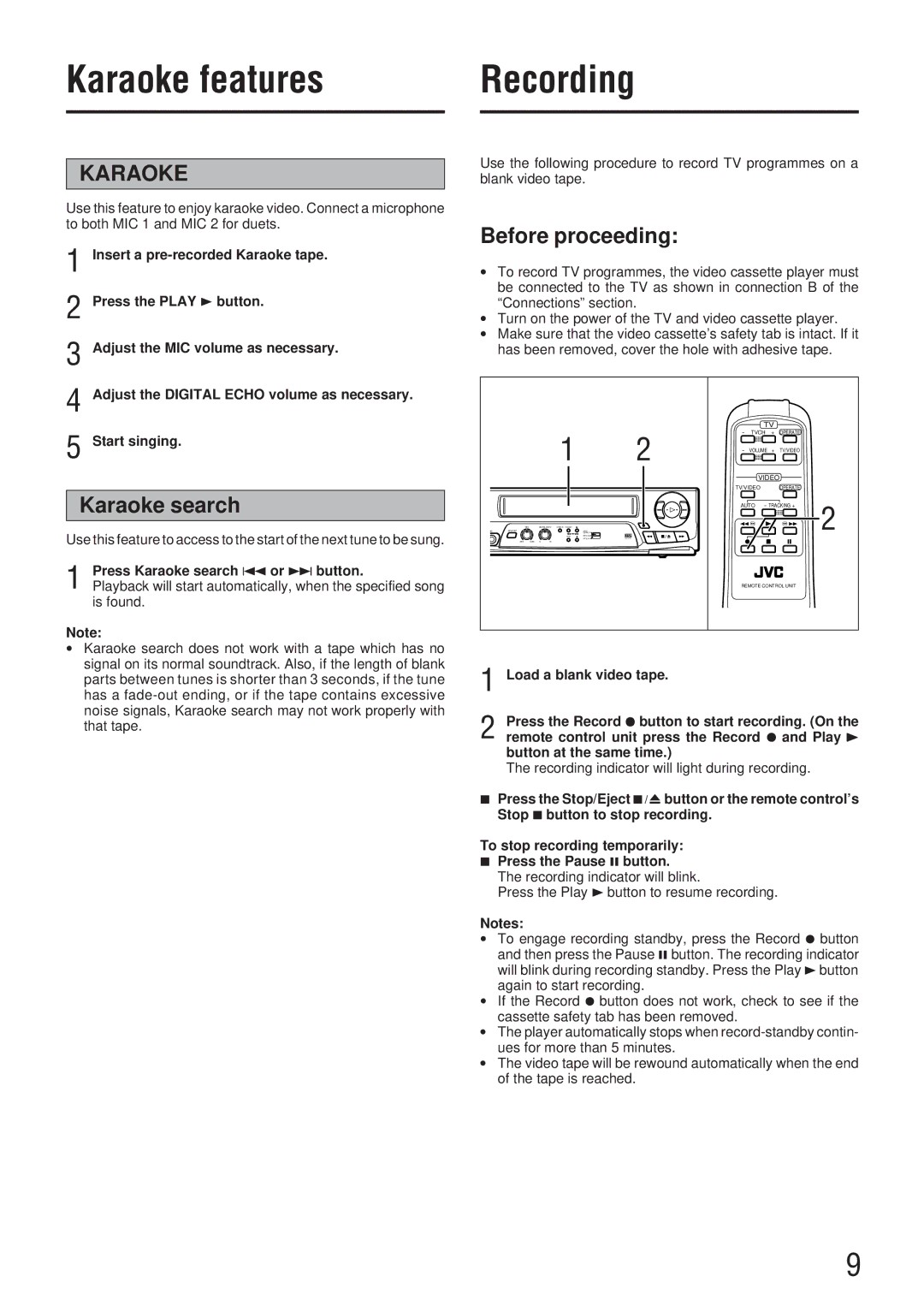 JVC HR-P71K manual Karaoke features Recording, Press Karaoke search 4 or ¢ button 