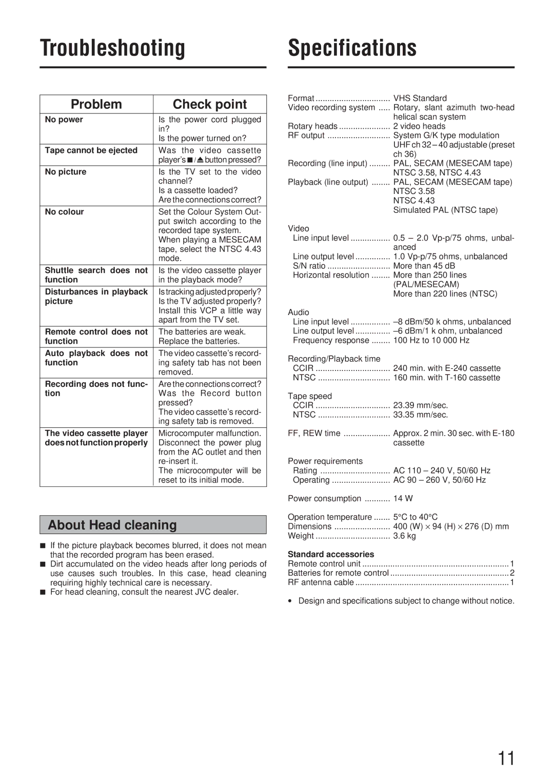 JVC HR-P82A manual Troubleshooting Specifications, Problem Check point, About Head cleaning 