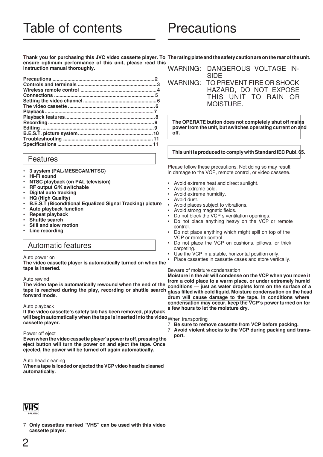 JVC HR-P82A manual Table of contents Precautions 