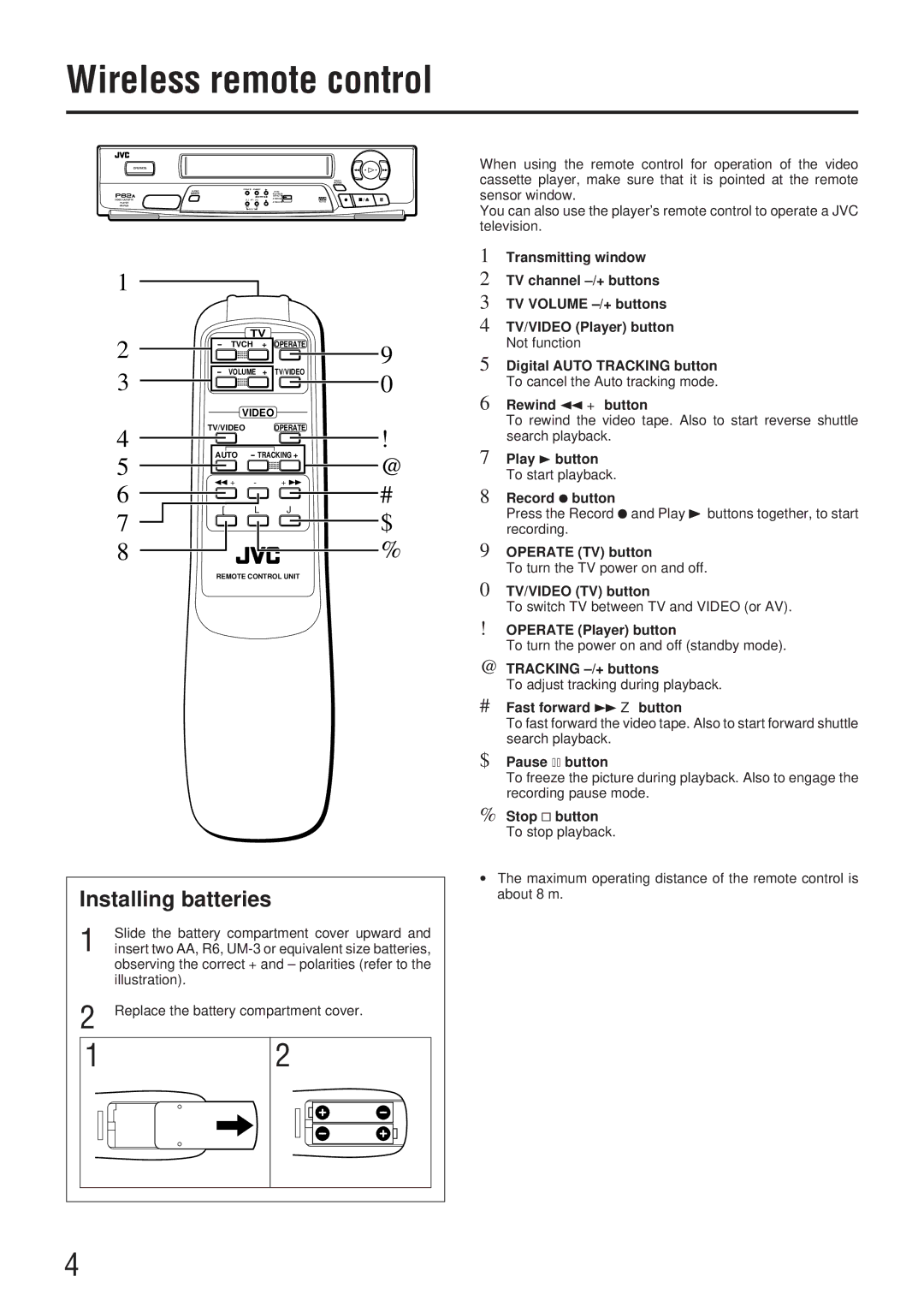 JVC HR-P82A manual Wireless remote control, Installing batteries 