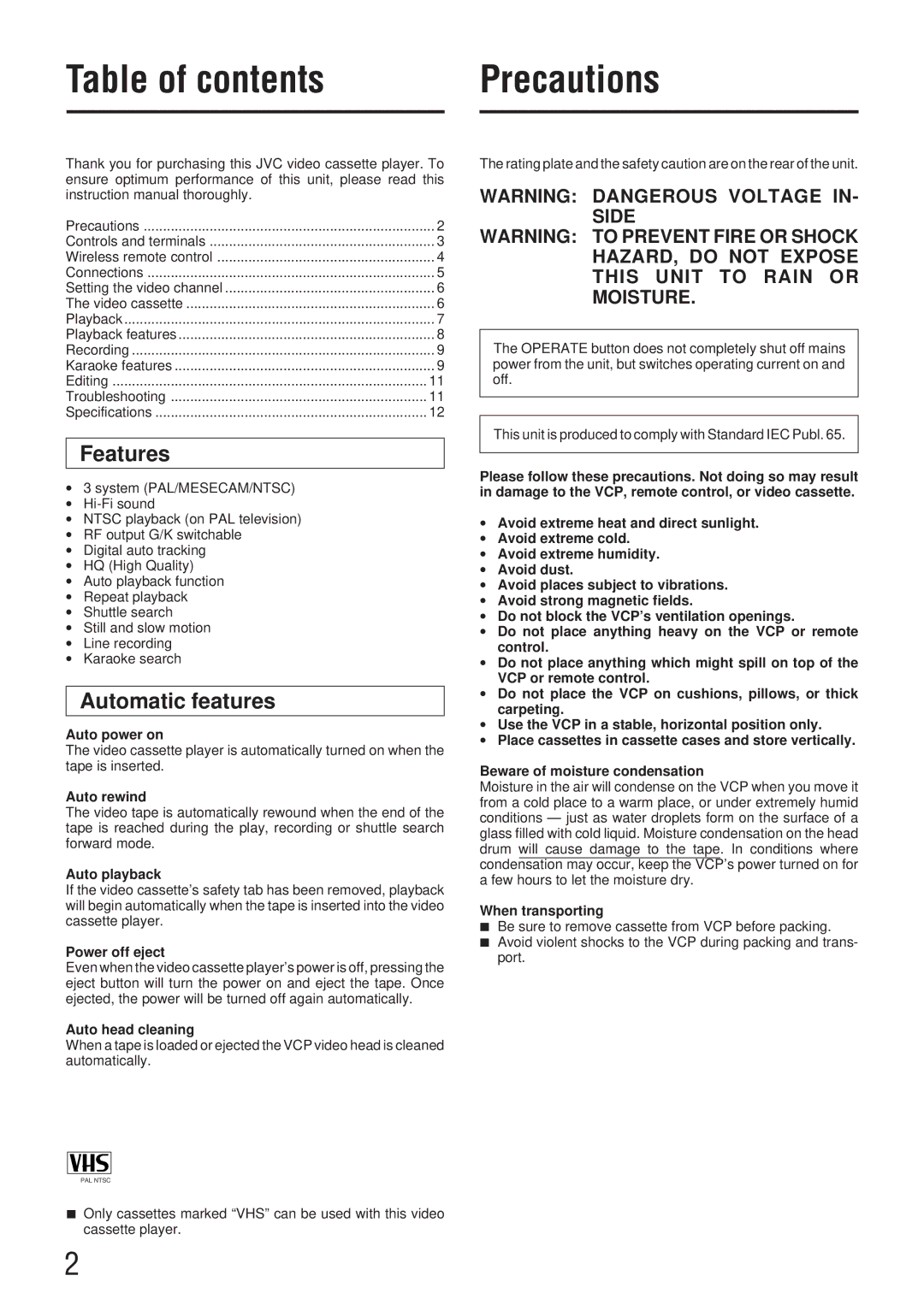 JVC HR-P91K manual Table of contents Precautions 