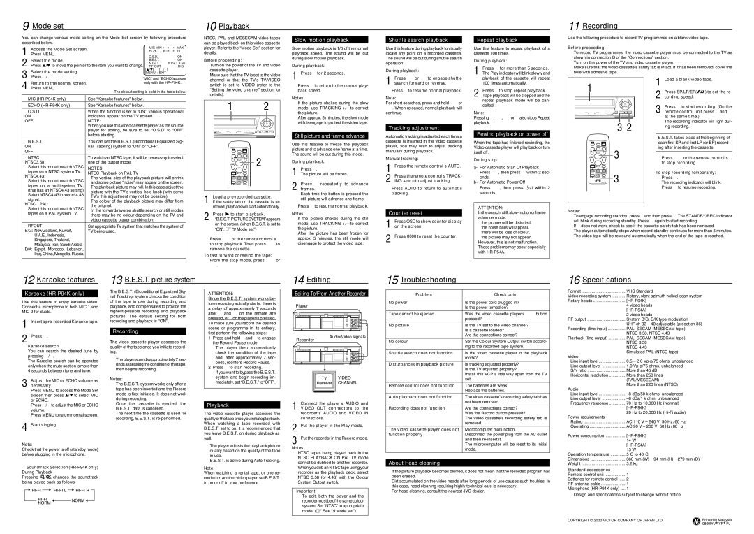 JVC HR-P94K, HR-P54A instruction manual Mode set Playback Recording 