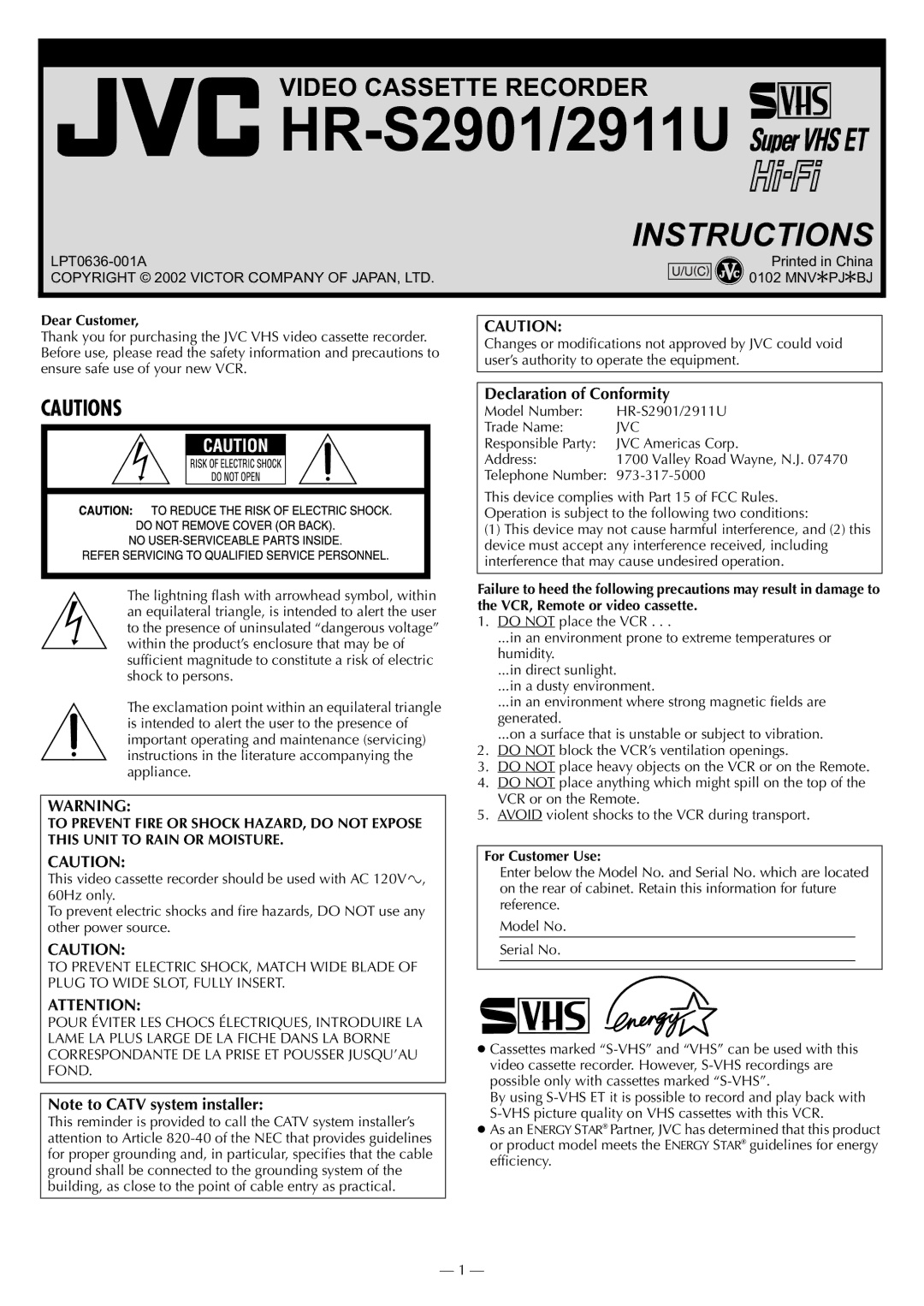 JVC HR-S2901/2911U manual Dear Customer, For Customer Use 