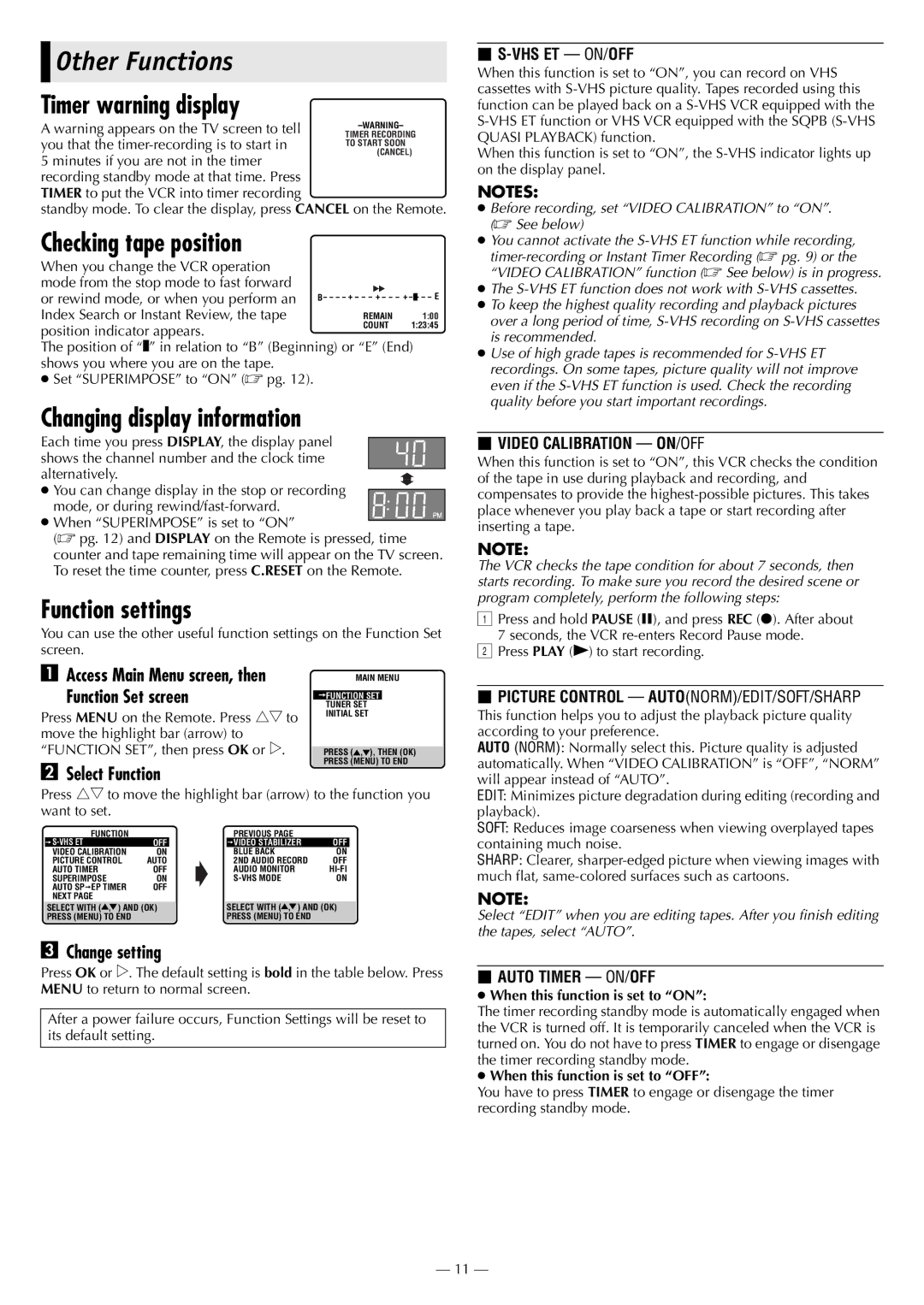 JVC HR-S2901/2911U manual Other Functions, Timer warning display, Checking tape position, Changing display information 