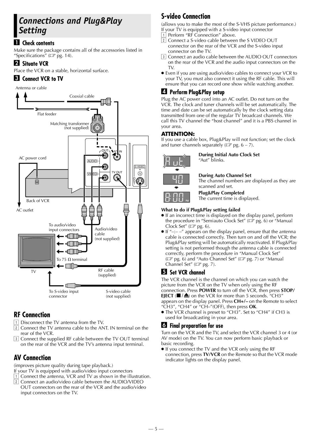 JVC HR-S2901/2911U manual Connections and Plug&Play Setting, RF Connection, AV Connection, Video Connection 