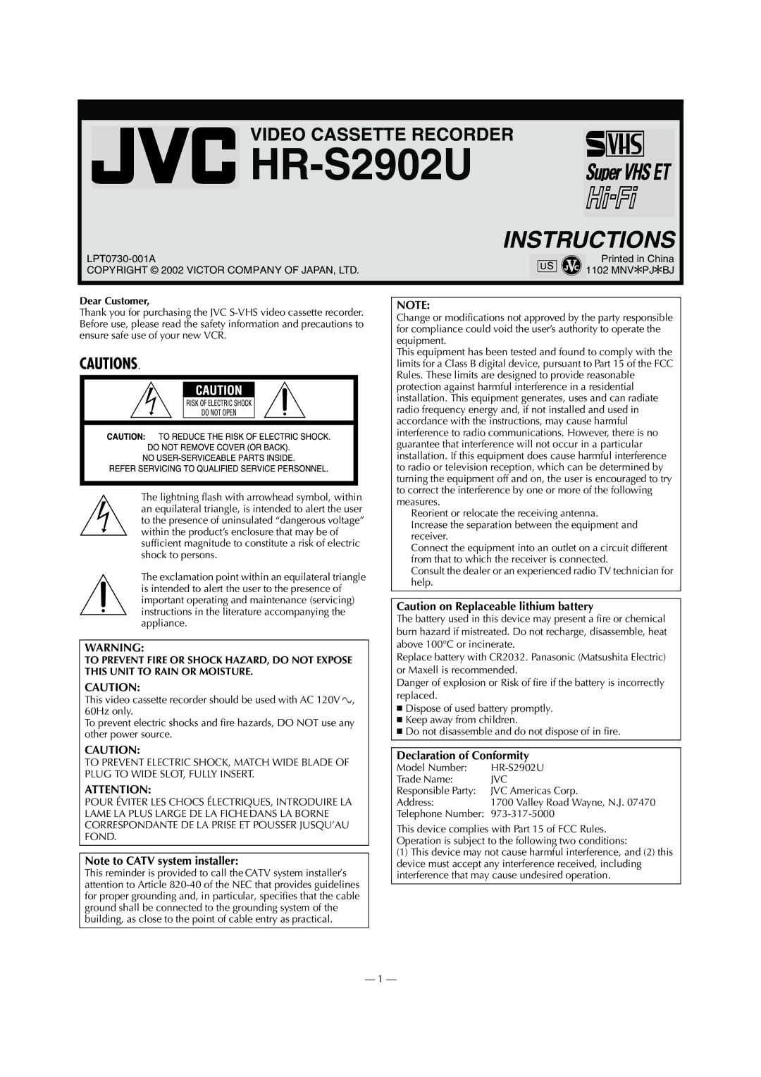 JVC HR-S2902U manual Dear Customer 