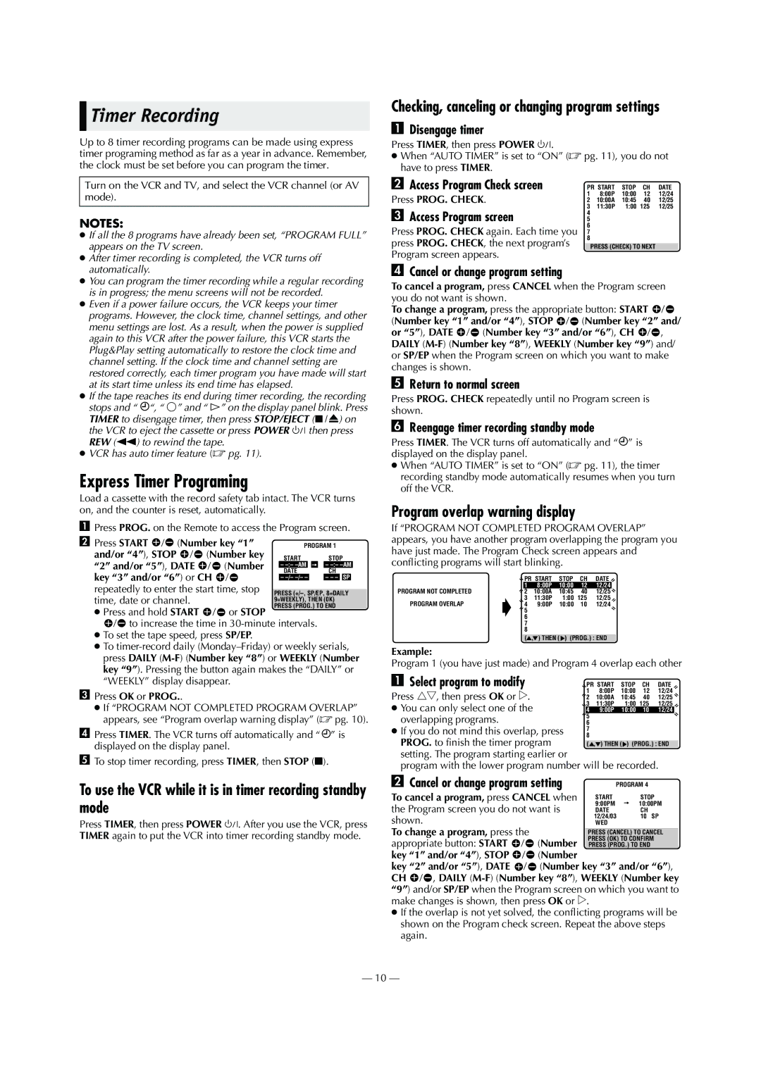 JVC HR-S2902U manual Timer Recording, Express Timer Programing, To use the VCR while it is in timer recording standby mode 