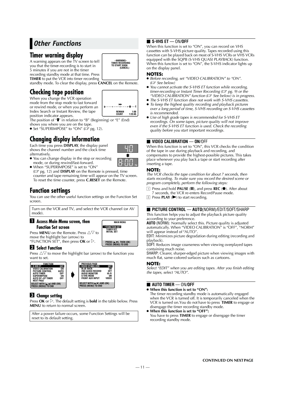 JVC HR-S2902U manual Other Functions, Timer warning display, Checking tape position, Changing display information 