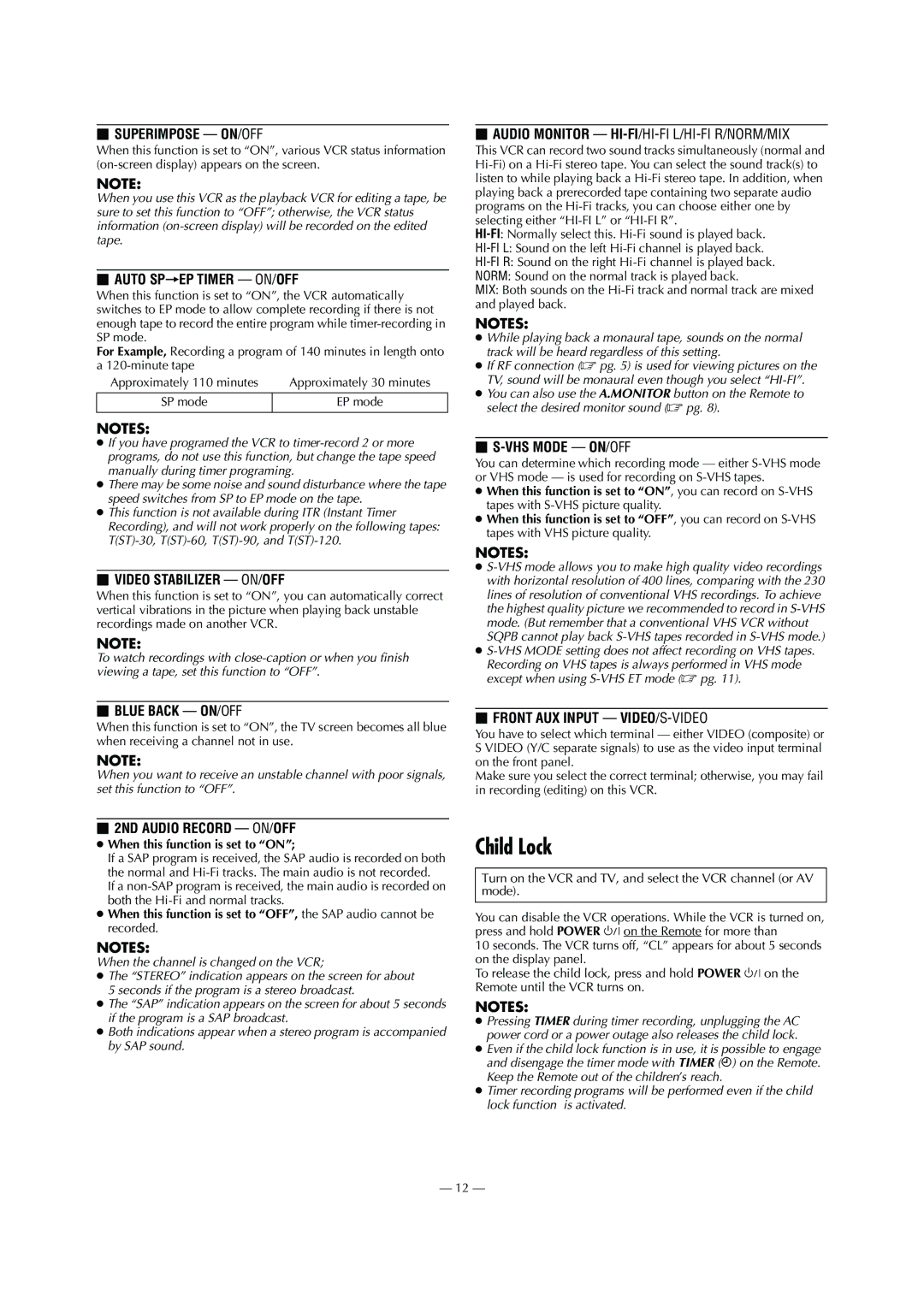 JVC HR-S2902U manual Child Lock,  Superimpose ON/OFF 