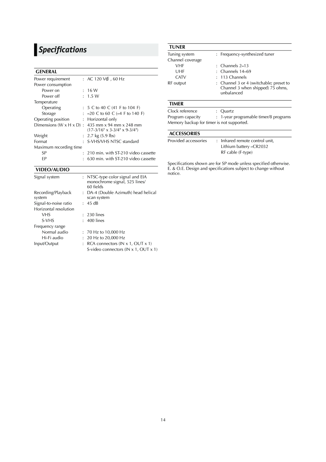 JVC HR-S2902U manual Specifications, General 