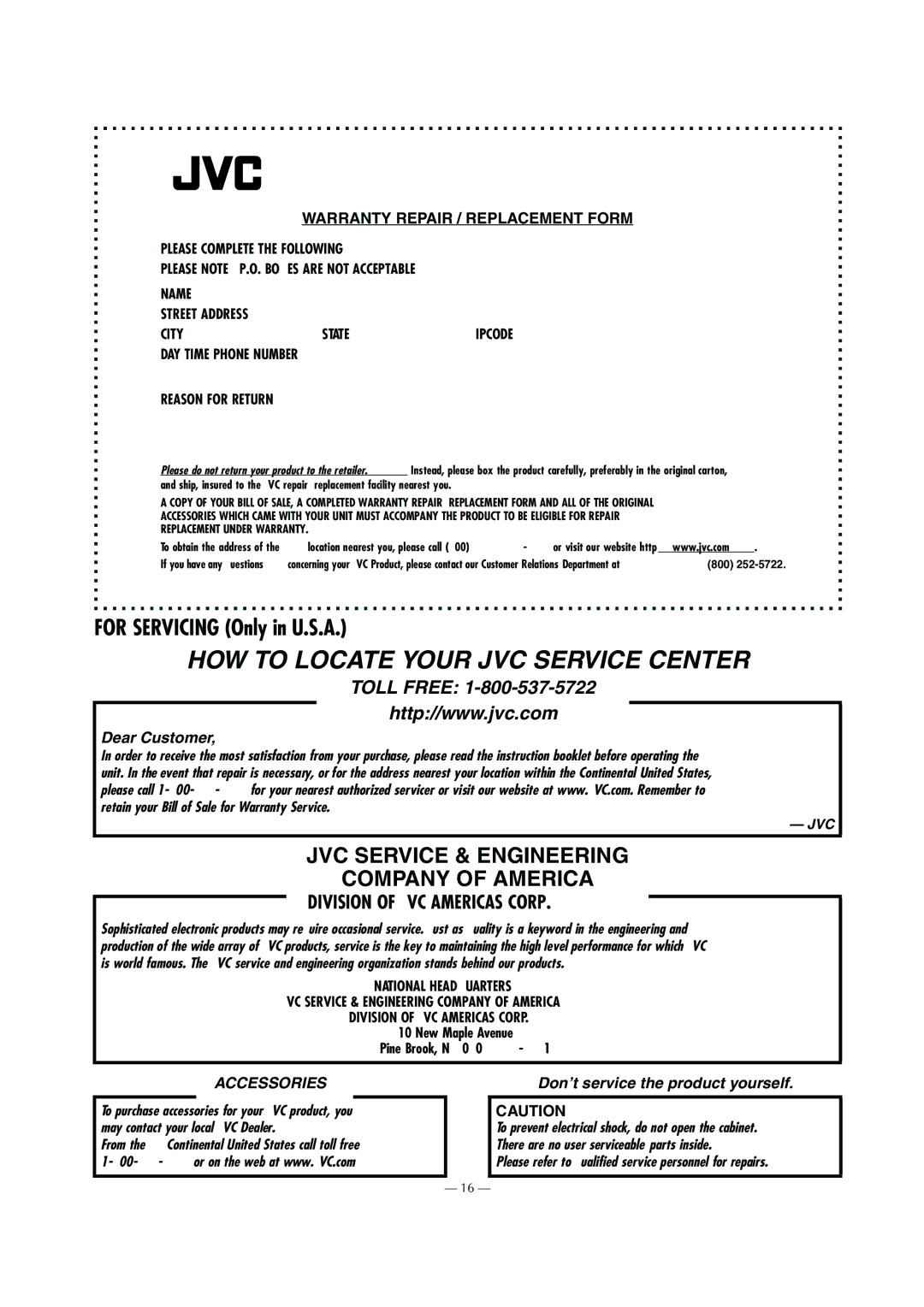 JVC HR-S2902U manual For Servicing Only in U.S.A, Warranty Repair / Replacement Form 